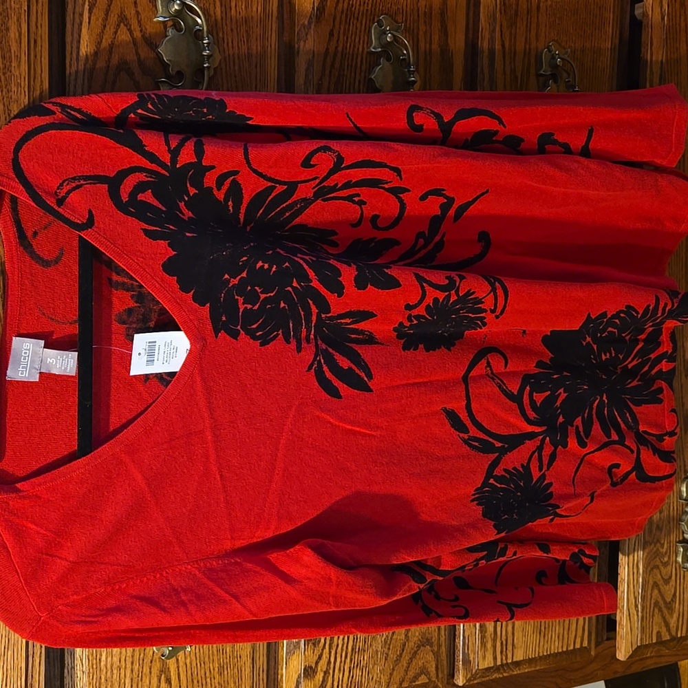 Chico's Byzantine Floral Scroll Belinda V Tunic Pullover Sweater Long Sleeve